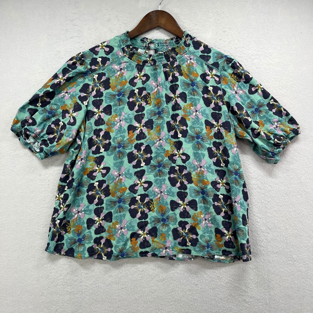 Knox Rose Blouse Womens L Teal Floral Puff Sleeve Smocked Boho Peasant Shirt Top